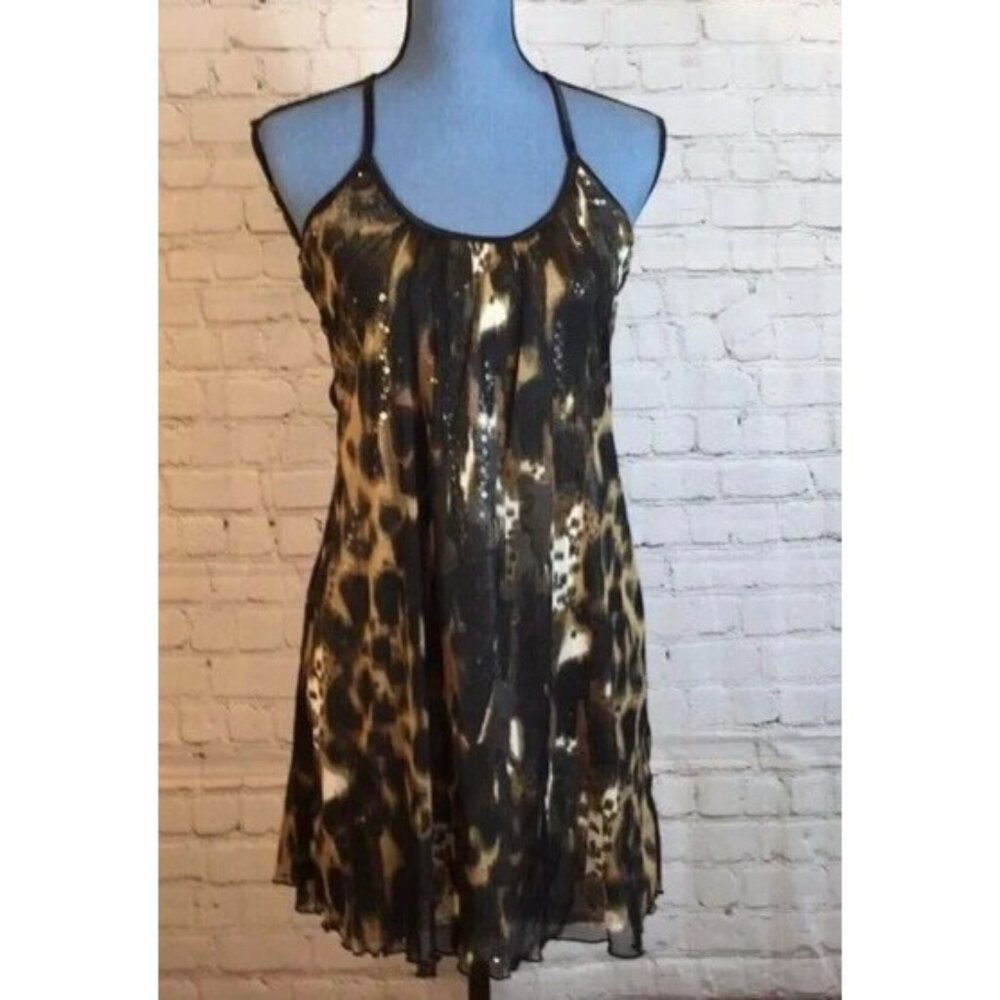 Volume One Juniors Dress Animal Print Sheer Overlay Sequins T-back Medium